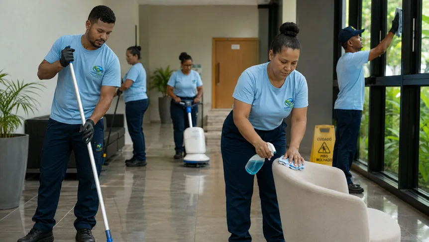 Equipe uniformizada realizando limpeza profissional